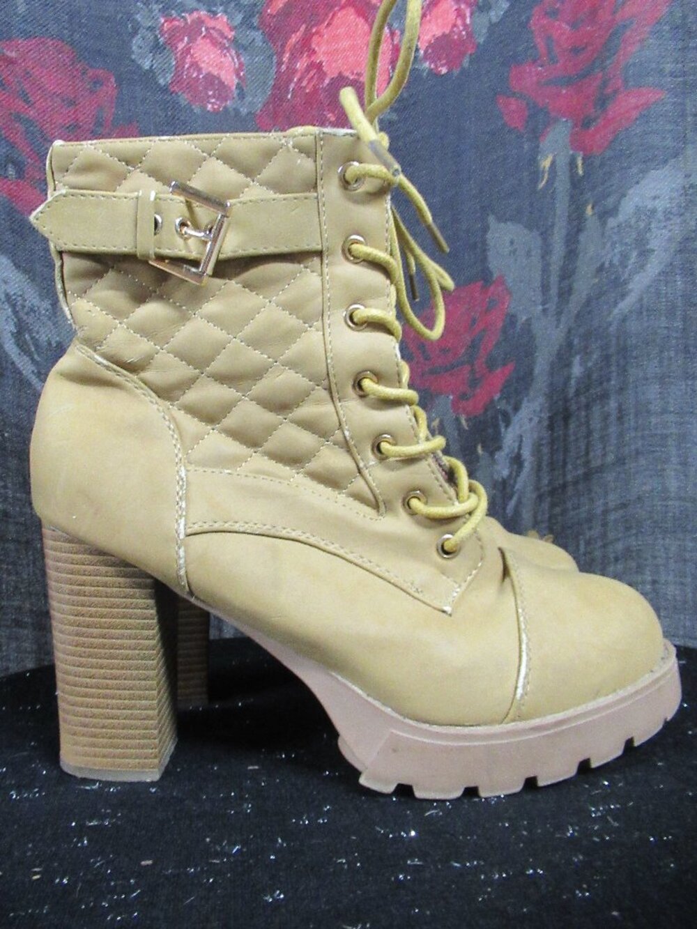 Tan Lace Up Block Heel, Gum Lug Sole High Heel Quilted Combat / Moto Ankle Boot